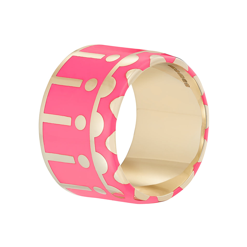 MEMPHIS SAMARKAND WIDE BAND, 14k yellow gold 
Neon pink enamel 
Size 6.5 
Made in London, RINGS, Alice Cicolini