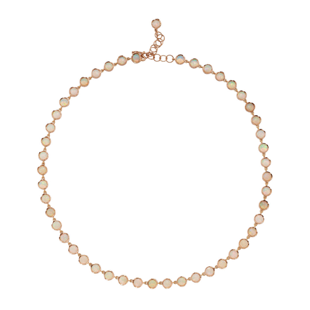 CRYSTAL OPAL NECKLACE, 18k rose gold
5mm cabochon crystal opal
18 inches in length
Made in Los Angeles
, Necklace, Irene Neuwirth