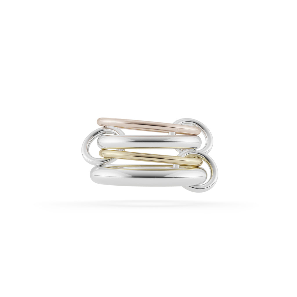 HYACINTH, 18k yellow gold, rose gold, and sterling silver bands 
Sterling silver connectors 
Size 6 
Made in Los Angeles 
, Ring, Spinelli Kilcollin