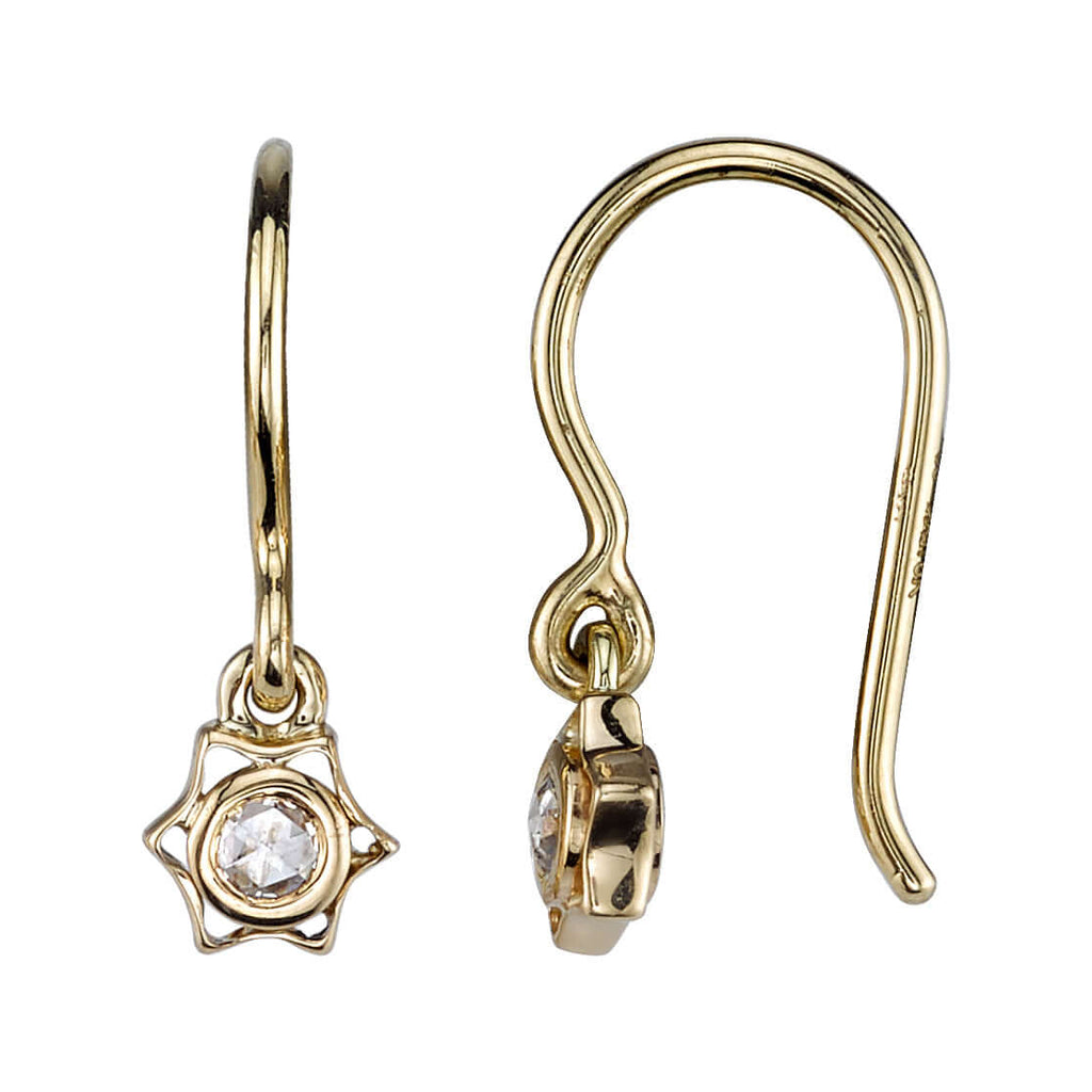 SINGLE STONE HELENA DROPS | Earrings featuring 0.08ctw G-H/VS rose cut diamonds bezel set in handcrafted 18K champagne gold drop earrings.