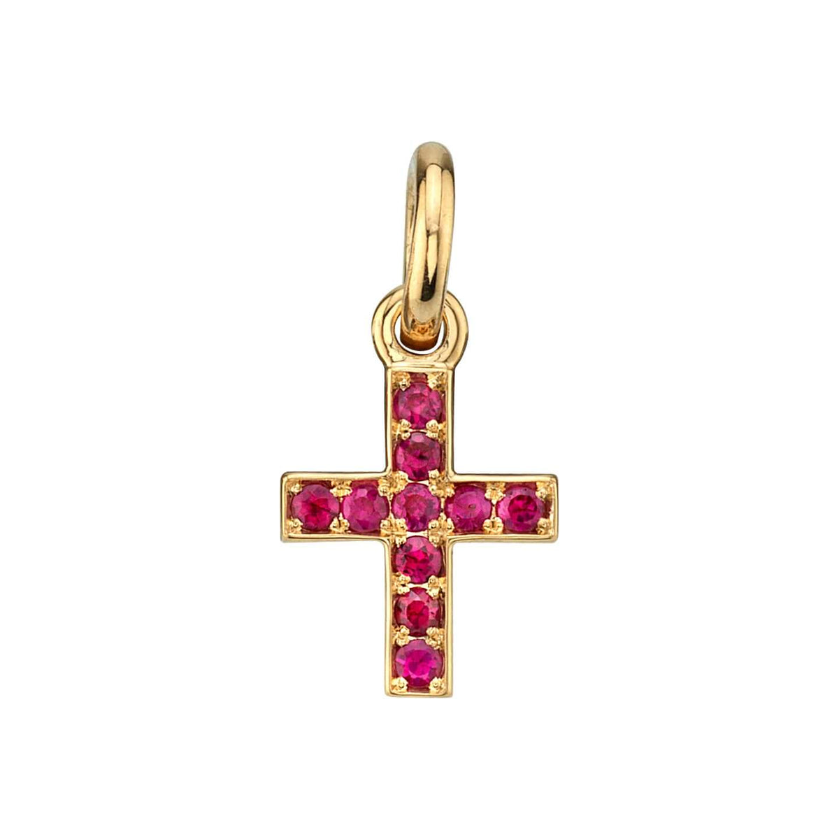 SINGLE STONE MINI CARMELA CROSS WITH GEMSTONES PENDANT featuring Approximately 0.15ctw round cut gemstones prong set in a handcrafted 18K yellow gold cross. Cross measures 8.20mm x 9.80mm. Price does not include chain.