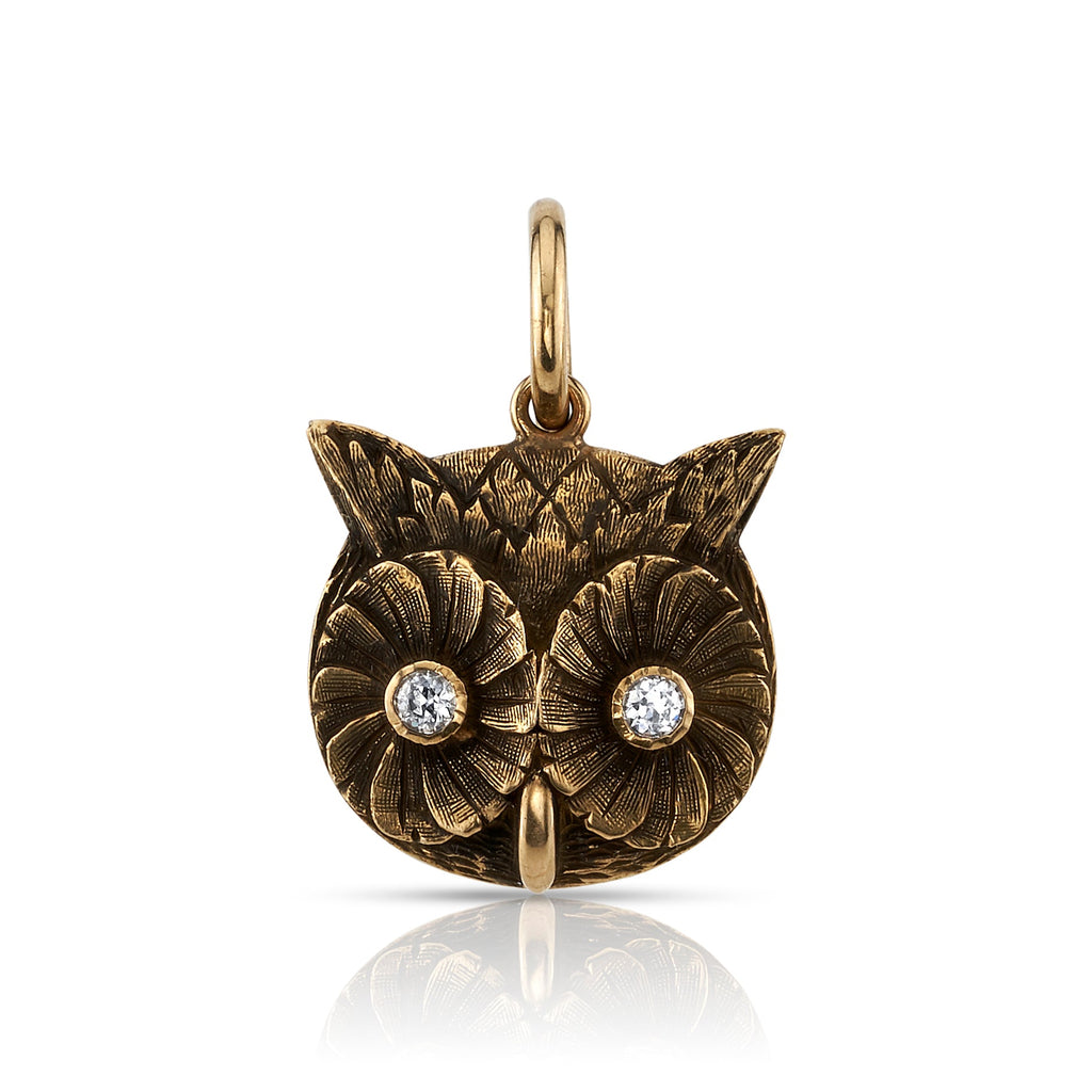 SINGLE STONE OWL CHARM PENDANT featuring 0.17ctw G-H/VS old European cut diamonds set in a handcrafted oxidized 18K yellow gold Owl charm. Price does not include chain.