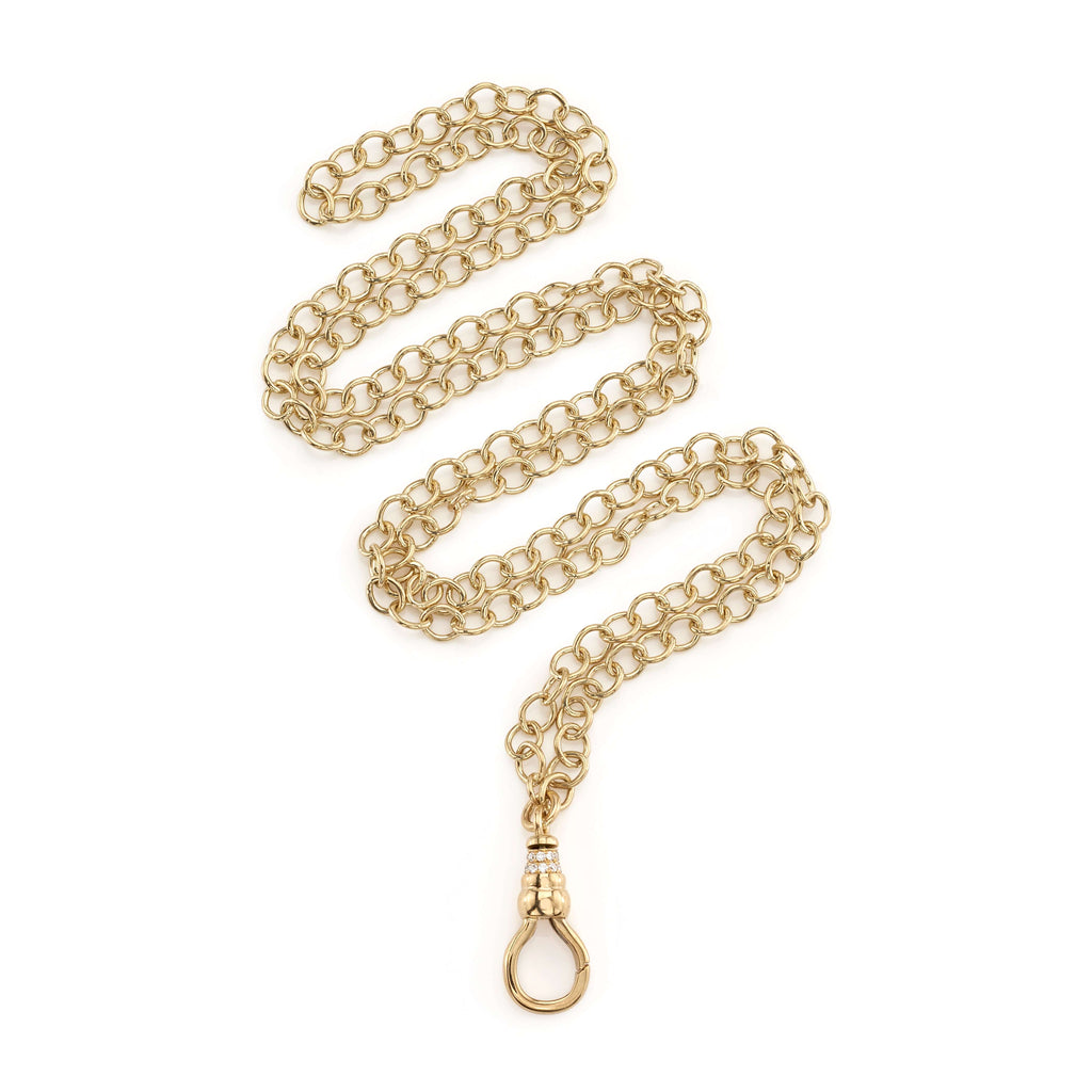 SINGLE STONE EVREN featuring 30" handcrafted 18K yellow gold link chain with approximately 0.20ctw G-H/VS old European cut accent diamonds on clasp. Price does not include charms.