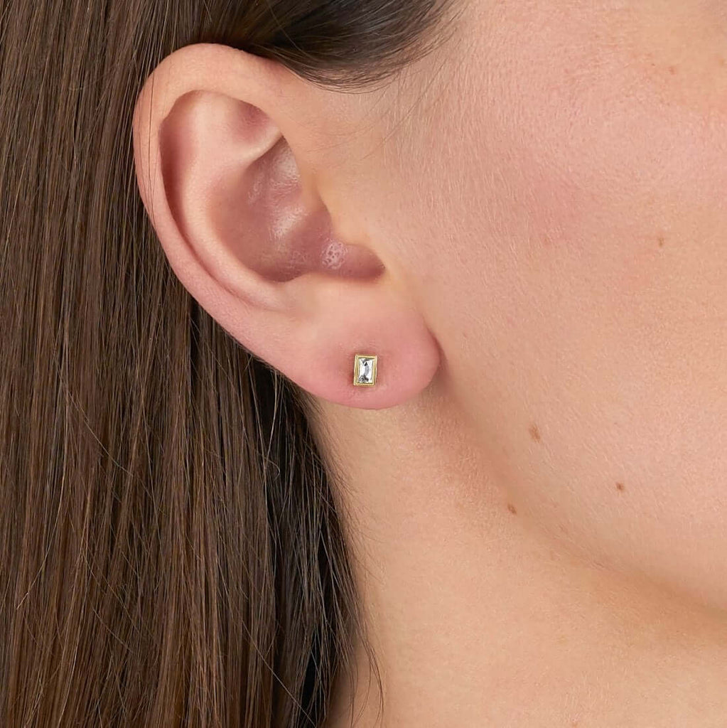 SINGLE STONE ESME STUDS | Earrings featuring Approximately 0.20ctw French cut diamonds bezel set in handcrafted stud earrings.