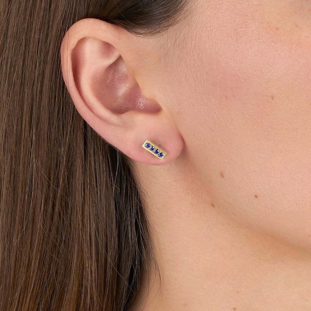 SINGLE STONE PAVE MONET STUDS WITH GEMSTONES | Earrings featuring Approx. 0.30ctw round cut gemstones set in handcrafted 18K yellow gold bar earrings.