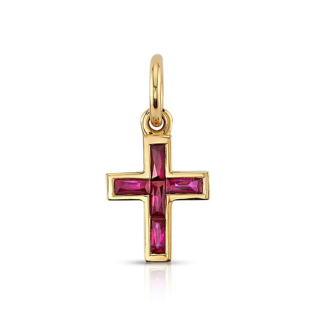 SINGLE STONE MINI FRENCH CUT CARMELA CROSS WITH GEMSTONES PENDANT featuring Approximately 0.30ctw French cut gemstones set in a handcrafted 18K yellow gold cross. Cross measures 8.20mm x 9.80mm. Price does not include chain.