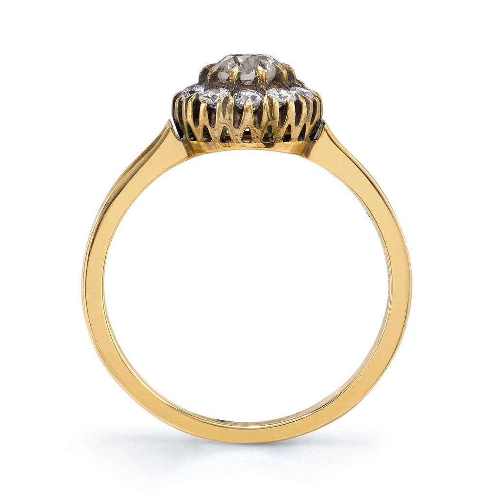 SINGLE STONE TALIA RING featuring 0.47ct L-M/VS antique old mine cut diamond with 0.35ctw old European cut accent diamonds set in a handcrafted oxidized 18K yellow and champagne gold mounting.
