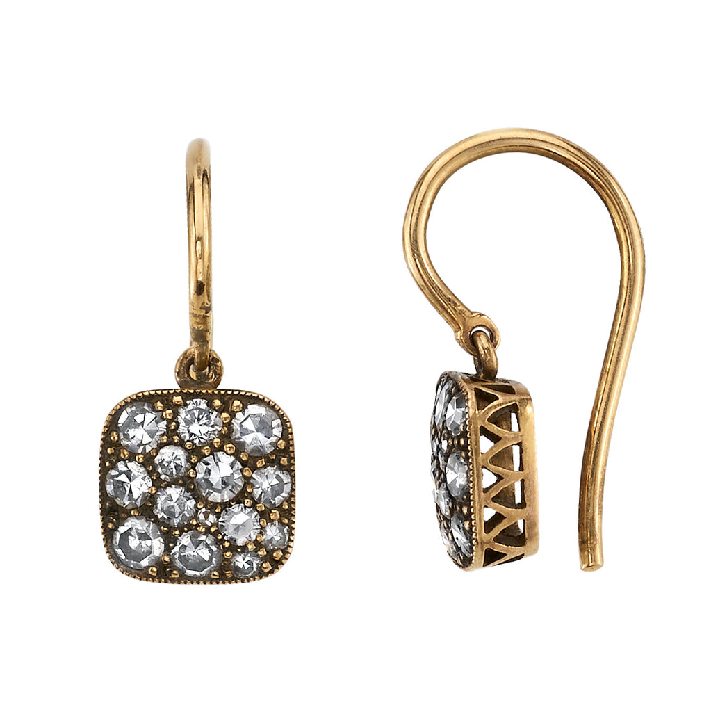 SINGLE STONE SMALL SQUARE COBBLESTONE DROP EARRINGS | Earrings featuring Approximately 1.20-150ctw various old cut and round brilliant cut diamonds set in handcrafted oxidized 18K yellow gold drop earrings. Price may vary according by total diamond weight