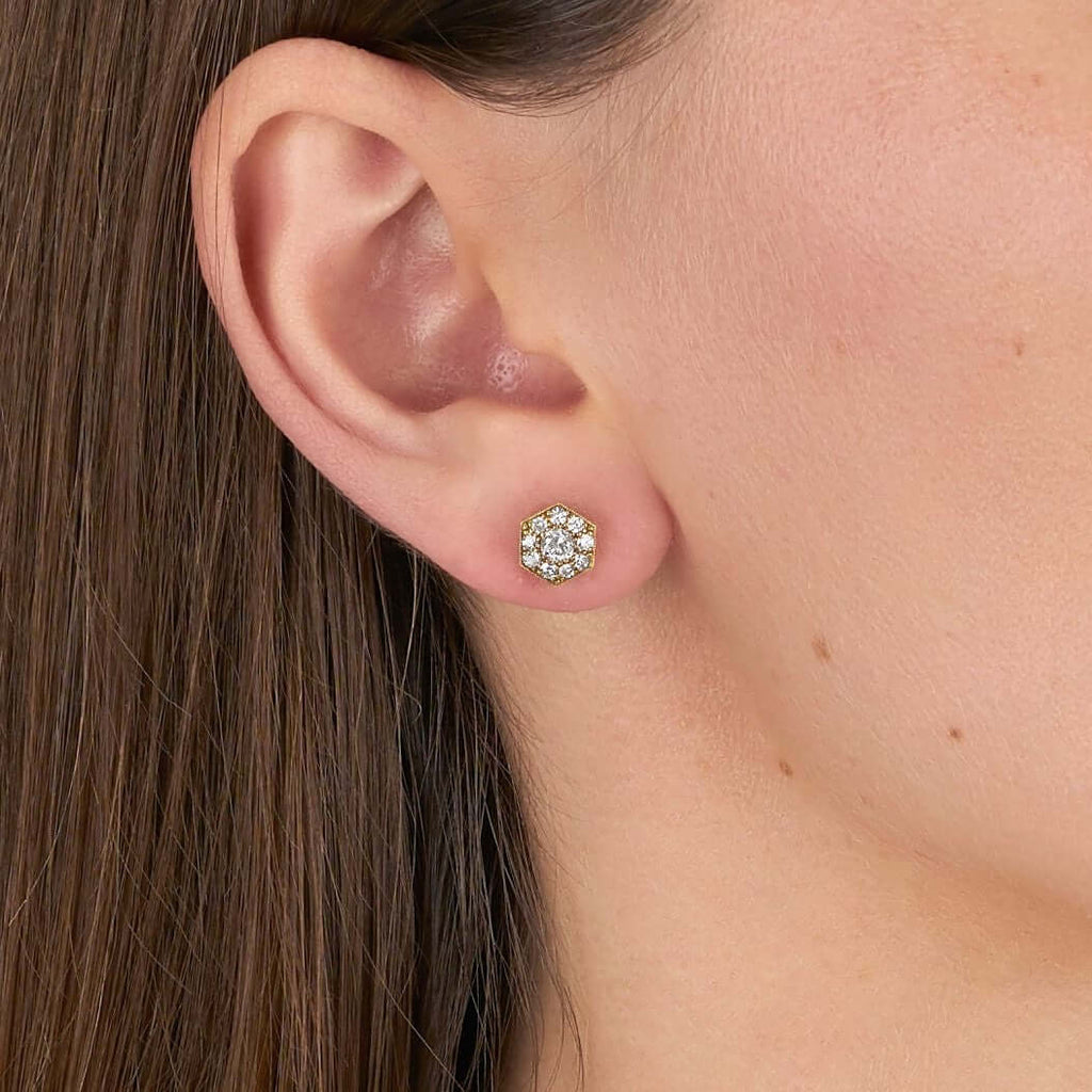 SINGLE STONE MINI HEXAGON COBBLESTONE STUDS | Earrings featuring Approximately 0.60ctw varying old cut and round brilliant cut diamonds set in handcrafted oxidized 18K yellow gold stud earrings. Prices may vary according to diamond weight. *Cobblestone pa