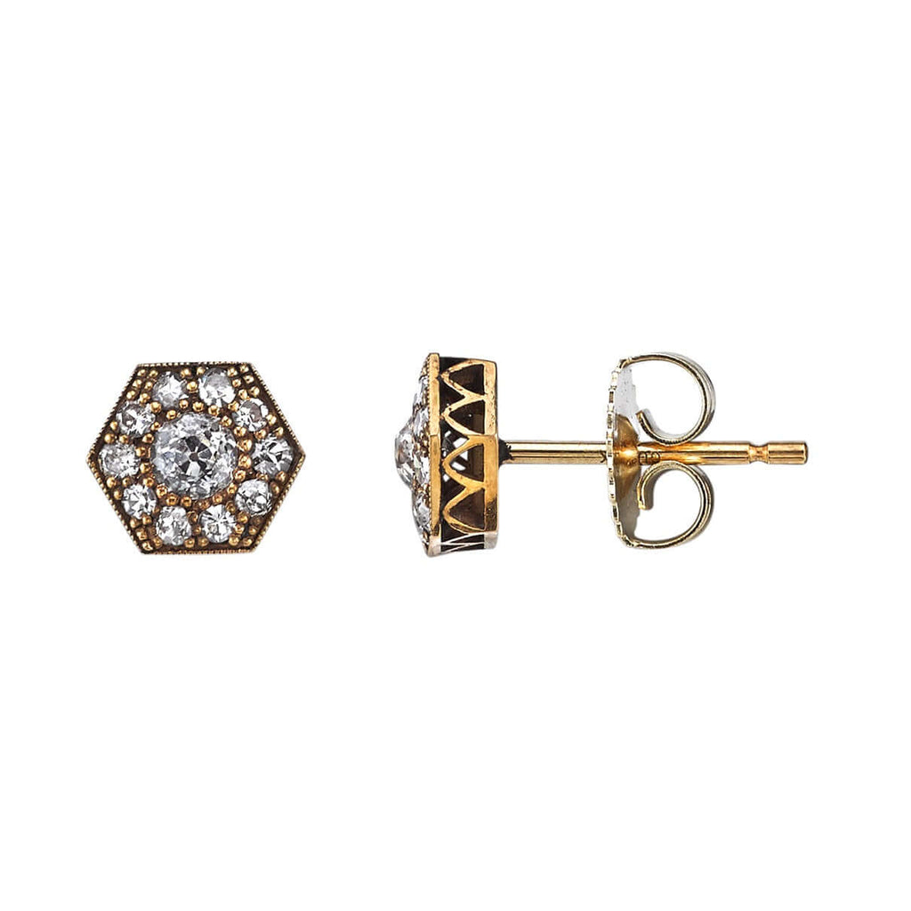 SINGLE STONE MINI HEXAGON COBBLESTONE STUDS | Earrings featuring Approximately 0.60ctw varying old cut and round brilliant cut diamonds set in handcrafted oxidized 18K yellow gold stud earrings. Prices may vary according to diamond weight. *Cobblestone pa