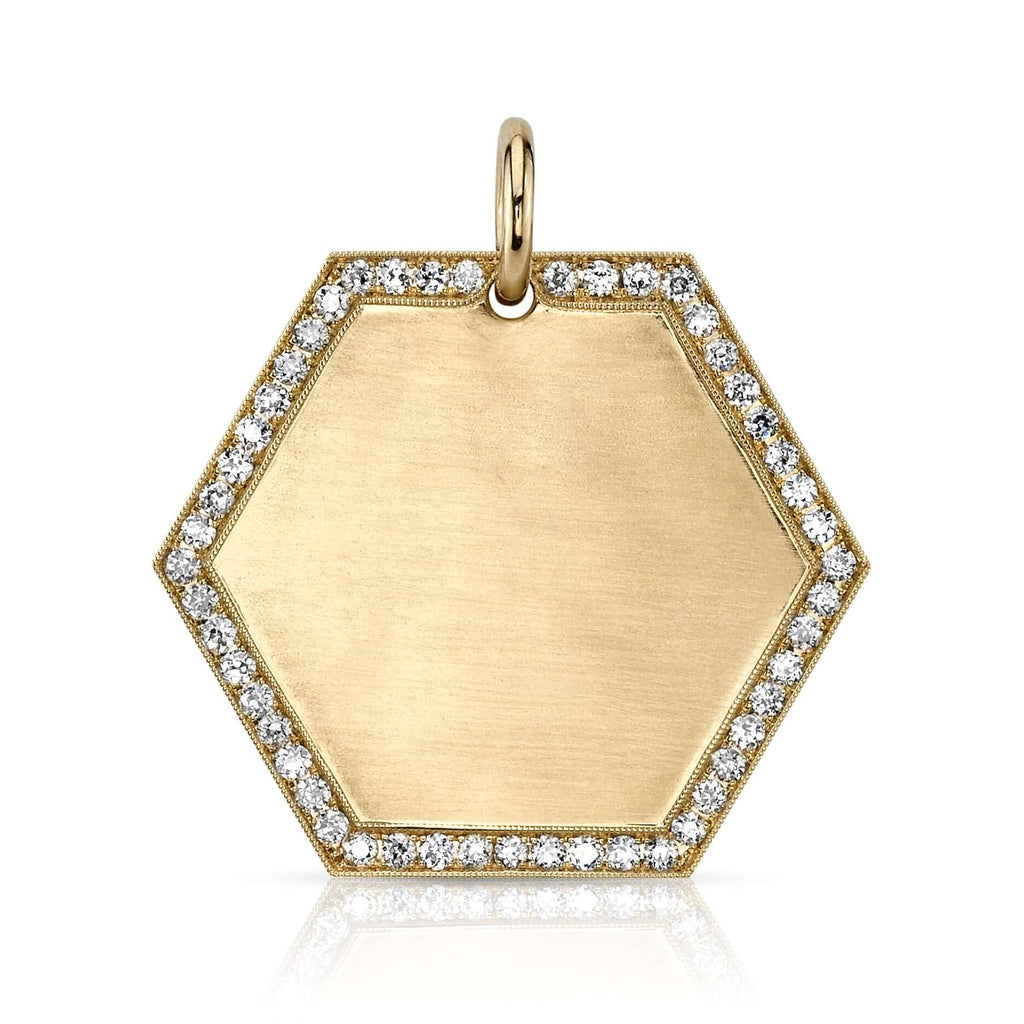 SINGLE STONE 30MM HEXAGON DISC PENDANT featuring Handcrafted 30mm 18K yellow gold engravable hexagon disc with approximately 0.45ctw G-H/VS old European cut pave frame set diamonds. Price includes monogrammed engraving of up to three letters in any of the