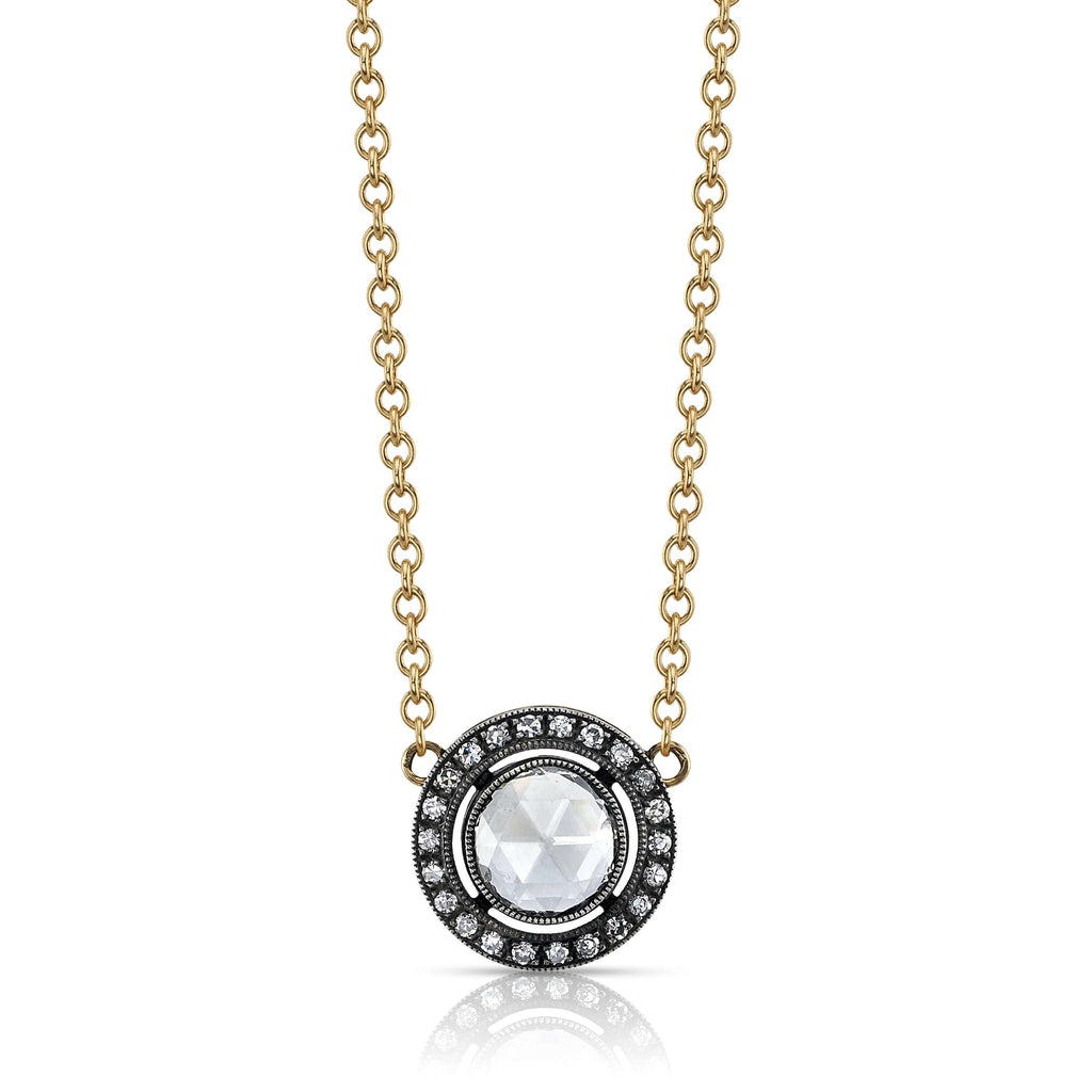 SINGLE STONE KENDALL NECKLACE featuring 0.78ct F/SI2 rose cut diamond with 0.13ctw single cut accent diamonds set in a handcrafted 18K oxidized yellow gold and silver pendant.