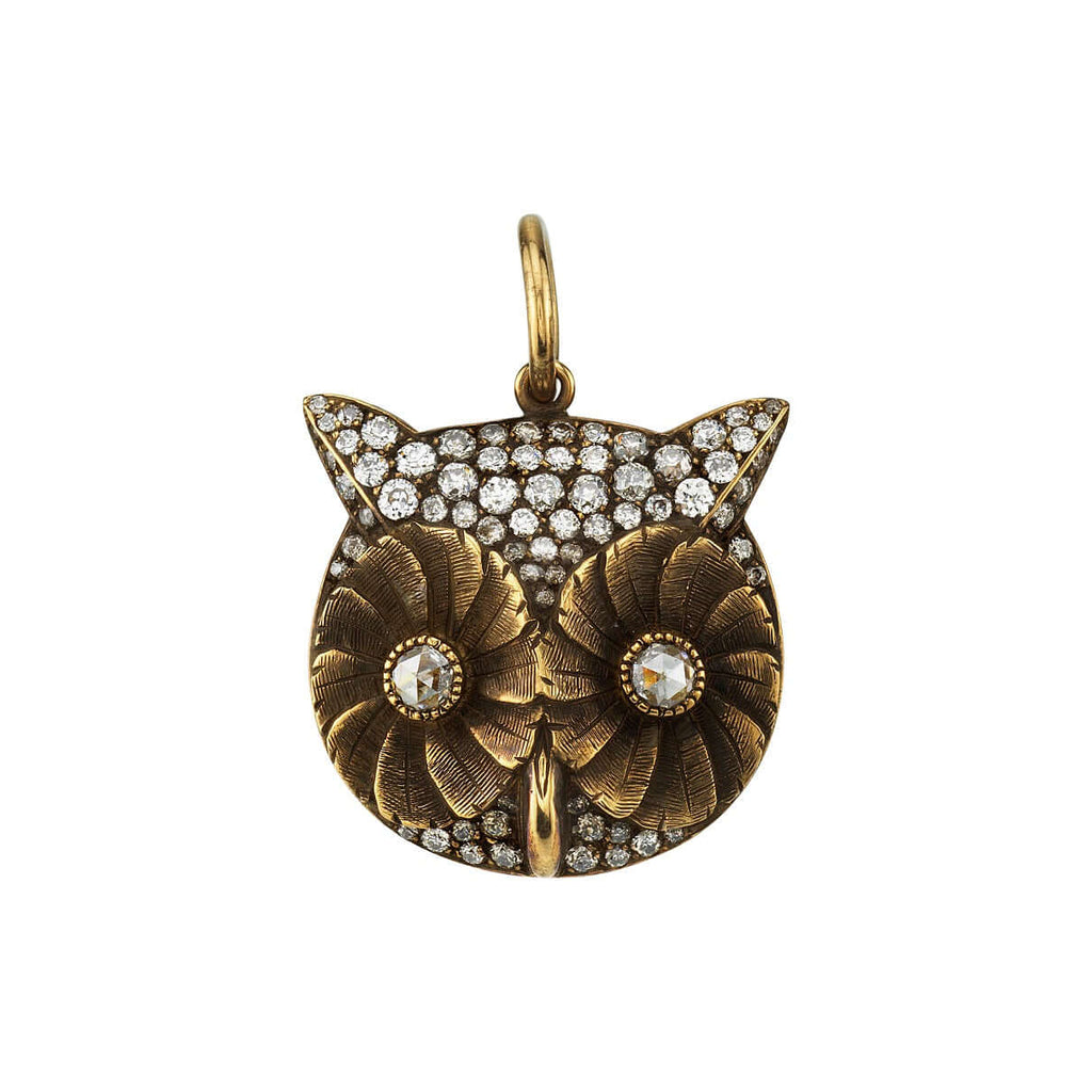 SINGLE STONE PAVE OWL CHARM PENDANT featuring Approximately 0.70ctw G-H/VS old European cut diamonds and 0.10ctw rose cut diamonds set in a handcrafted oxidized 18K yellow gold owl charm. Price does not include chain.