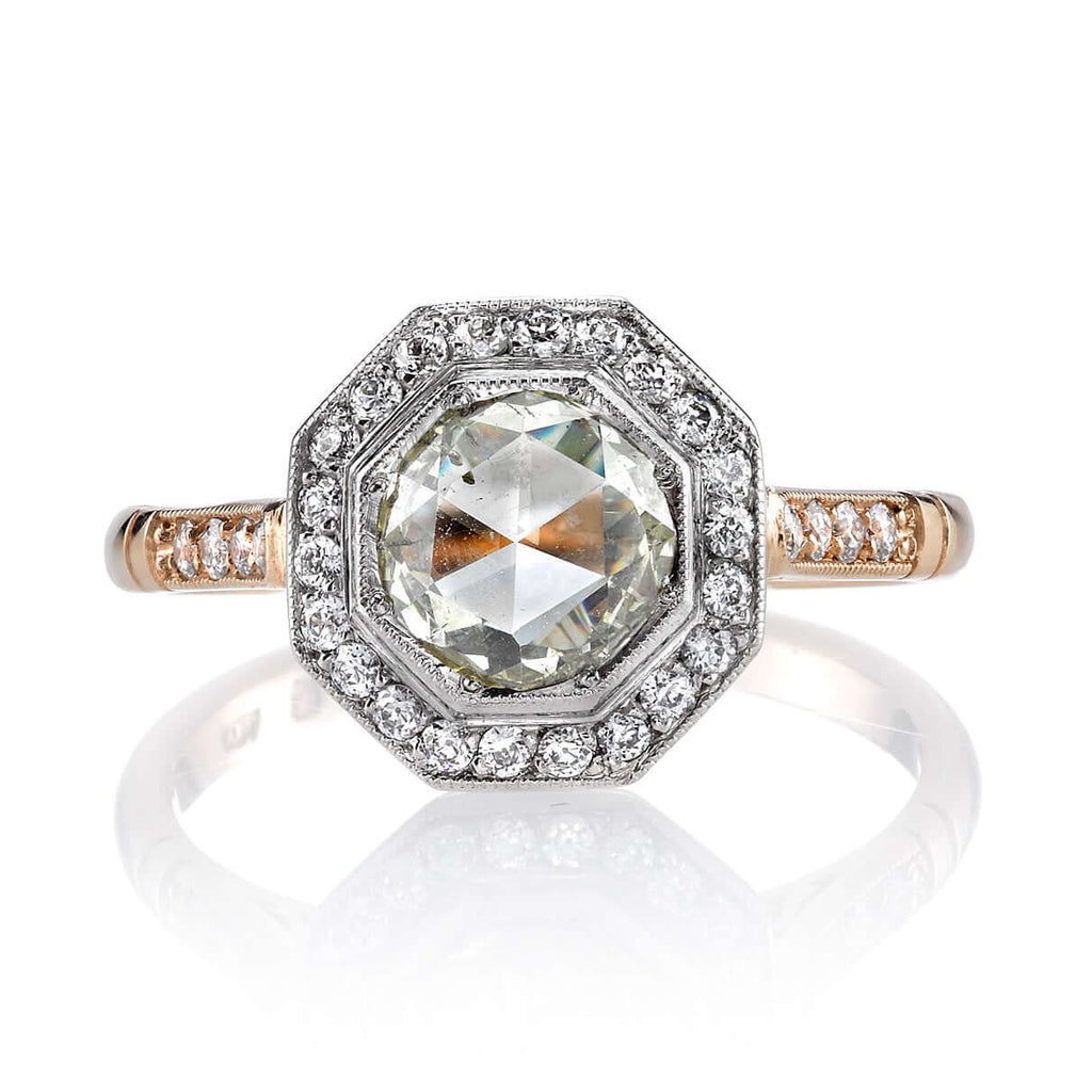SINGLE STONE SAVANNAH RING featuring 0.84ct Light Yellow/SI2 rose cut diamond with 0.25ctw old European cut accent diamonds set in a handcrafted 18K rose gold and platinum mounting.