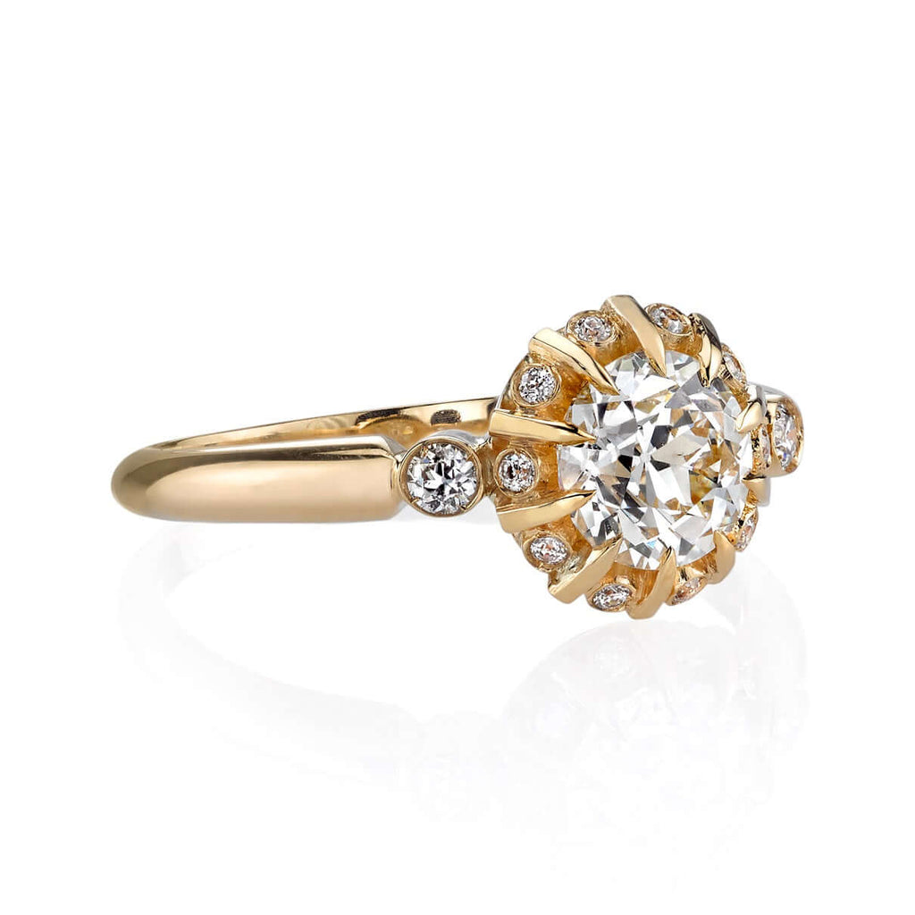 SINGLE STONE LEILANI RING featuring 0.93ct J/VS2 GIA certified old European cut diamond with 0.11ctw old European cut diamond accents set in a handcrafted 18K yellow gold mounting.