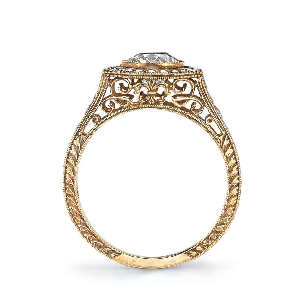 SINGLE STONE MCKENNA RING featuring 0.97ct J/SI2 EGL certified old European cut diamond with 0.36ctw old European cut accent diamonds set in a handcrafted oxidized 18K yellow gold mounting.