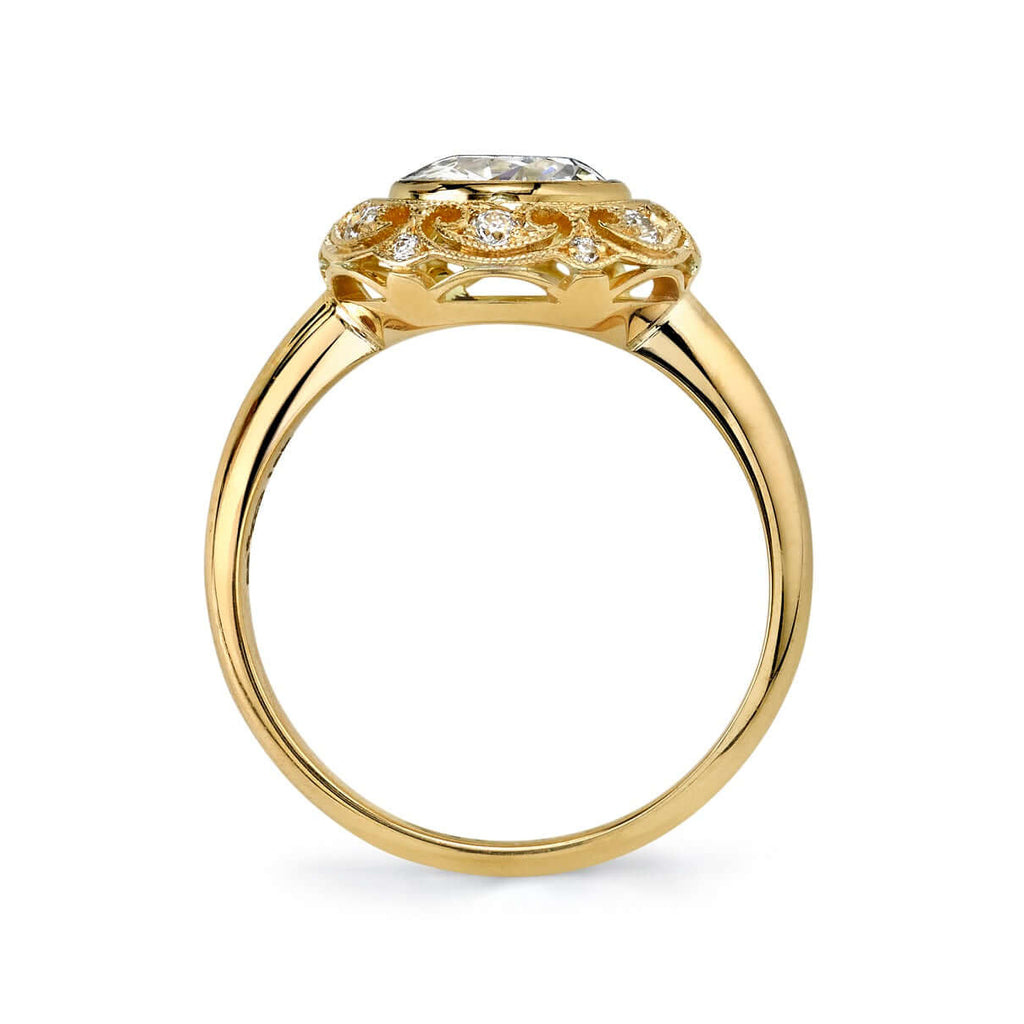 SINGLE STONE CAPRI RING featuring 1.06ct K/SI1 GIA certified old European cut diamond with 0.11ctw old European cut accent diamonds set in a handcrafted 18K yellow gold mounting.