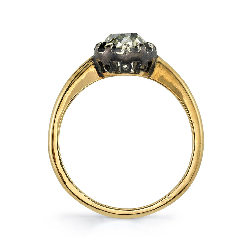SINGLE STONE ANGELINA RING featuring 1.13ct O-P/I1 GIA certified antique cushion cut diamond set in a handcrafted 18K yellow gold and oxidized silver mounting.