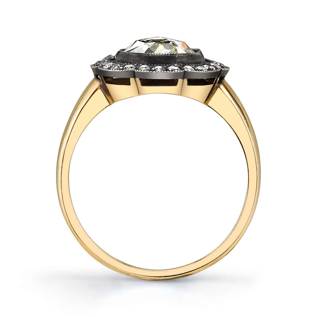 SINGLE STONE CHARLEY RING featuring 1.17ct M/VS rose cut diamond with 0.22ctw old European cut accent diamonds set in a handcrafted 18K yellow gold and oxidized silver mounting.