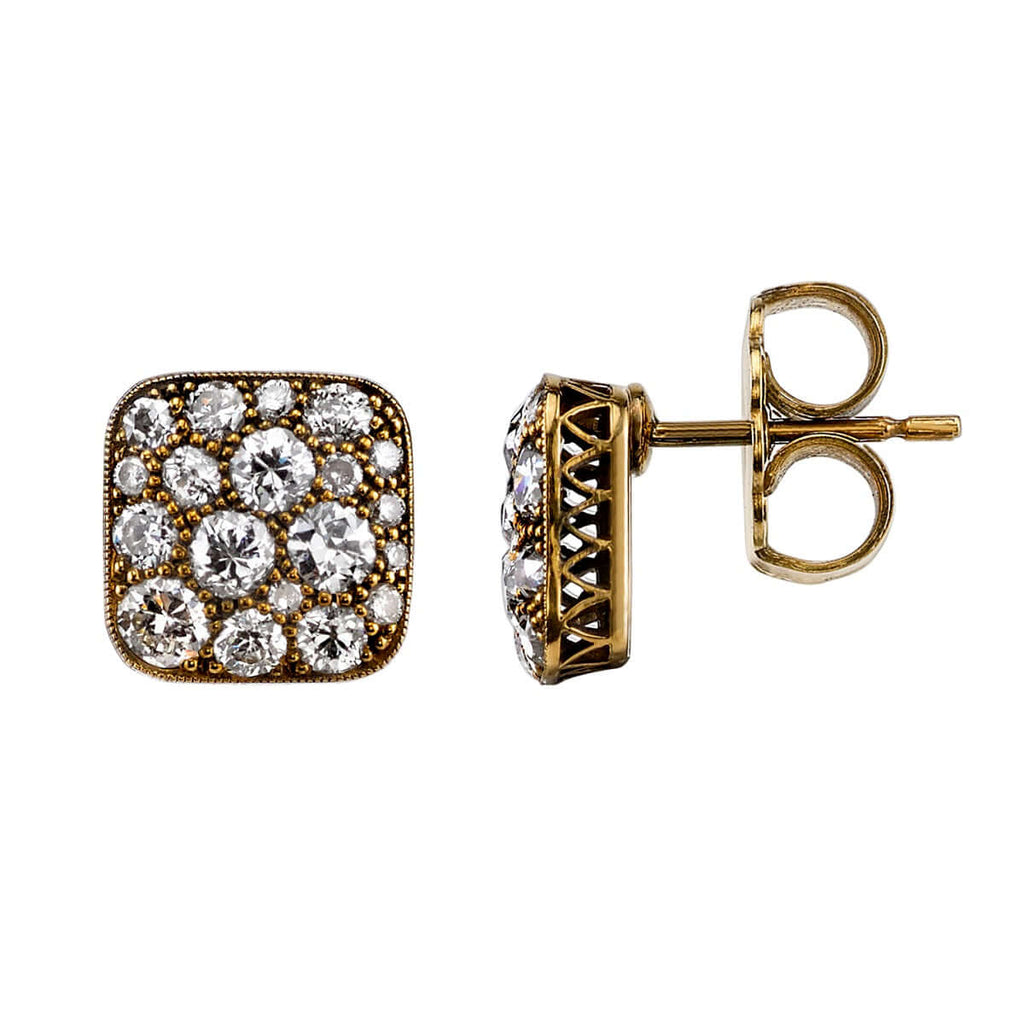 SINGLE STONE SQUARE COBBLESTONE STUDS | Earrings featuring Approximately 1.25ctw various old cut and round brilliant cut diamonds set in handcrafted 18K yellow gold earrings. Available in an oxidized or polished finish. Prices may vary according to diamon