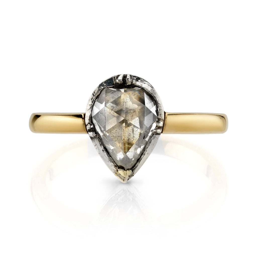 SINGLE STONE JANIE RING featuring 1.25ctw J-K/SI1 pear shaped rose cut diamond set in a handcrafted 18K yellow gold and oxidized sterling silver mounting.