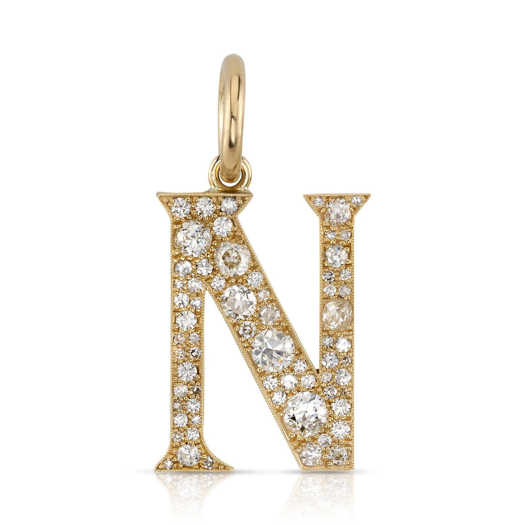 SINGLE STONE LARGE COBBLESTONE LETTERS PENDANT featuring Approximately 0.95ctw-2.75ctw varying old cut and round brilliant cut diamonds set in a handcrafted 18K yellow gold letter pendant. Letters are approximately 1" tall. Available in an oxidized or pol