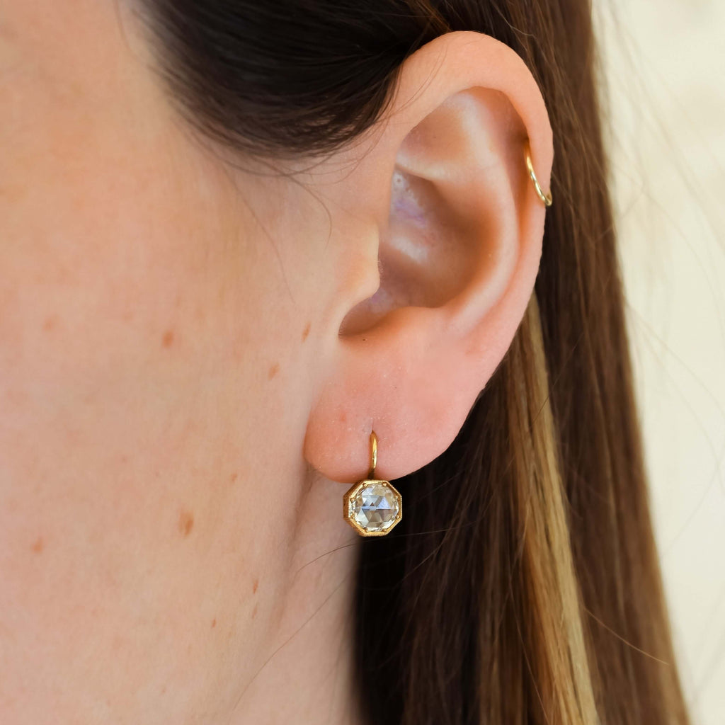 SINGLE STONE HEATHER DROPS | Earrings featuring 0.80ctw H/VS rose cut diamonds set in handcrafted oxidized 18K yellow gold leverback earrings.