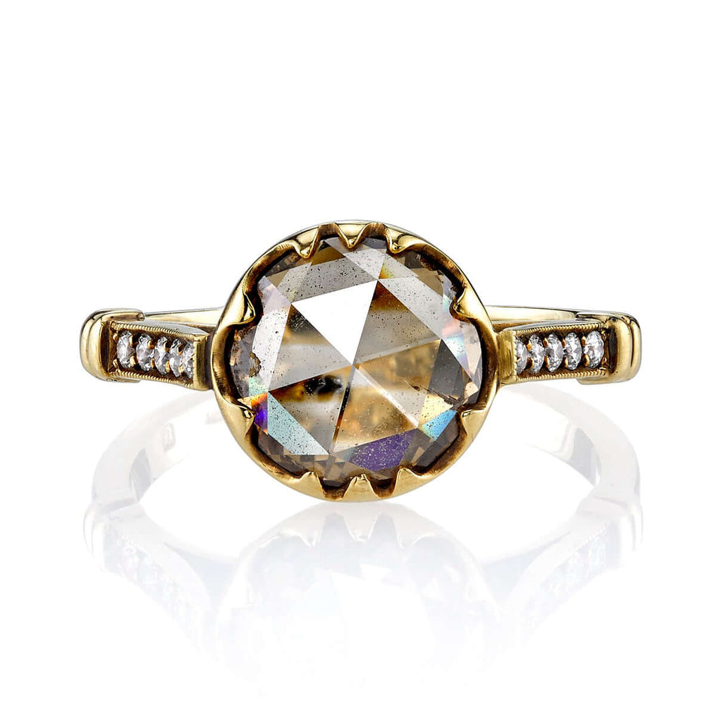 SINGLE STONE SKYLER RING featuring 1.62ct Peach-Brown/SI rose cut diamond with 0.12ctw old European cut accent diamond set in a handcrafted oxidized 18K yellow gold mounting.