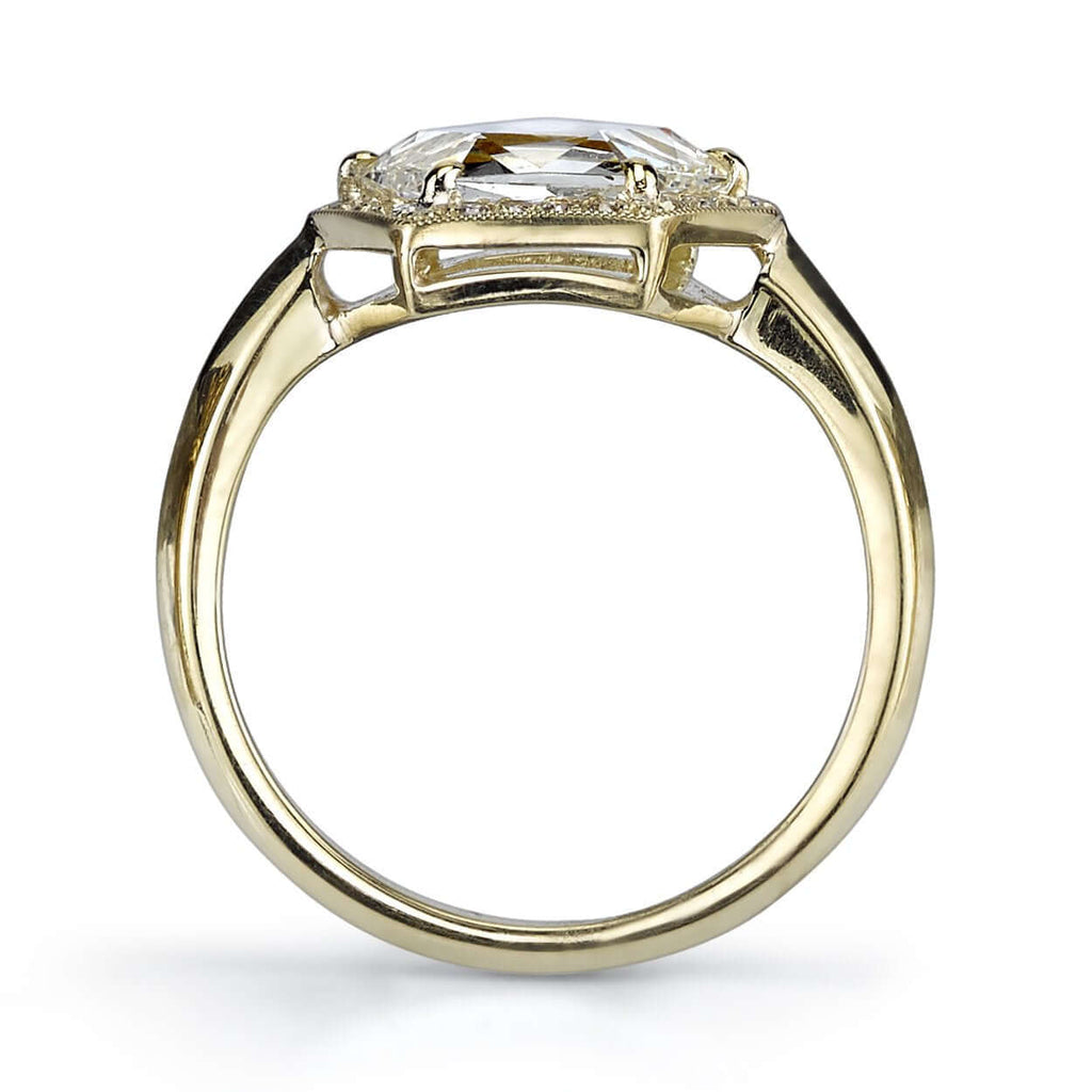 SINGLE STONE HASKELL RING featuring 1.66ct J/SI1 GIA certified trapezoid shaped rose cut diamond with 0.13ctw old European cut accent diamonds set in a handcrafted 18K yellow gold mounting.