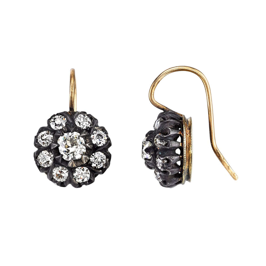 SINGLE STONE MARISSA DROPS | Earrings featuring 1.83ctw J-K/VS old European cut diamonds prong set in handcrafted oxidized 18K yellow gold and silver cluster earrings.
