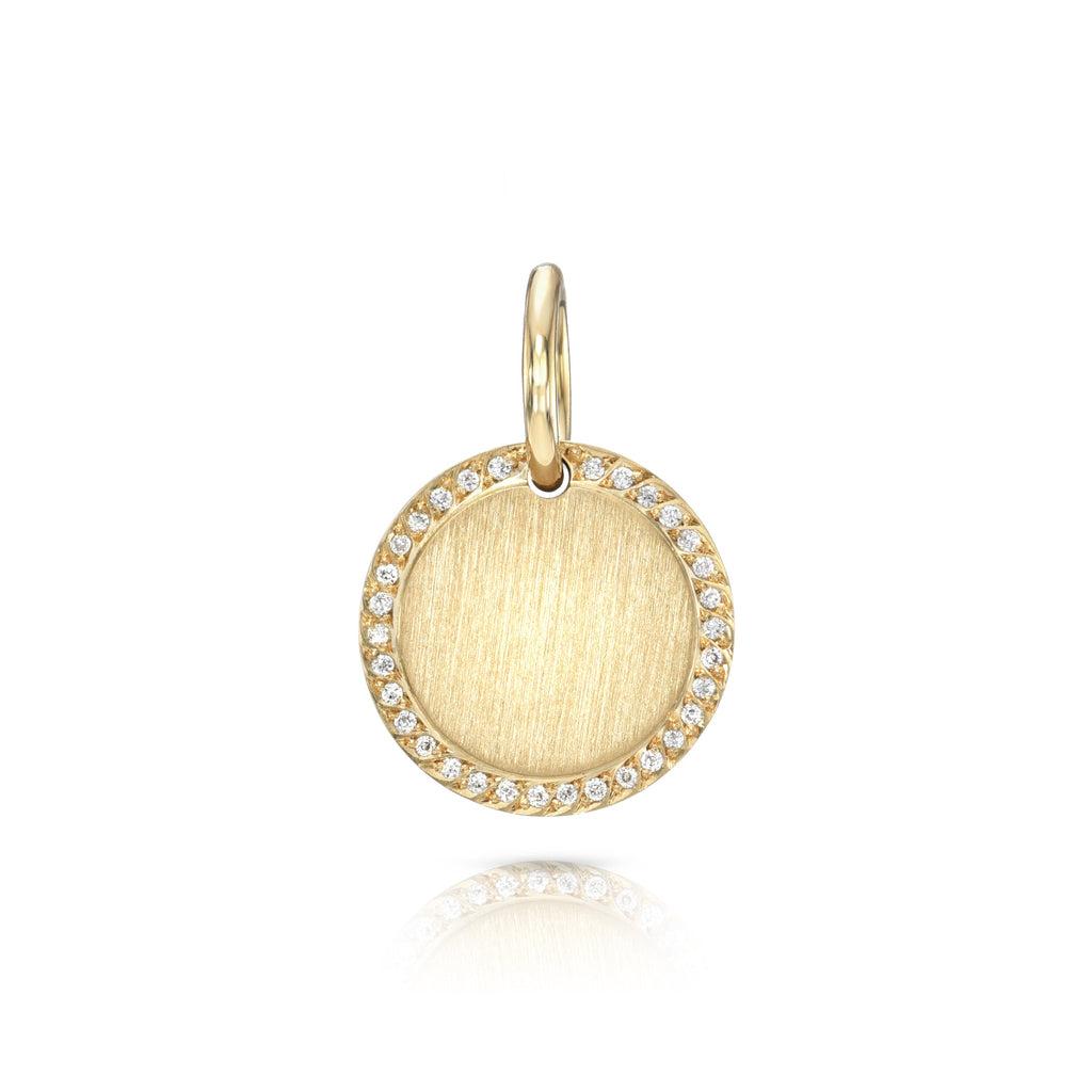 SINGLE STONE PAVE FRAME ROUND DISC PENDANT featuring Old European cut diamonds pave set in a handcrafted 18K yellow gold engravable round pendant. 15mm: approximately 0.10ctw 20mm: approximately 0.14ctw 25mm: approximately 0.18ctw 30mm: approximately 0.25