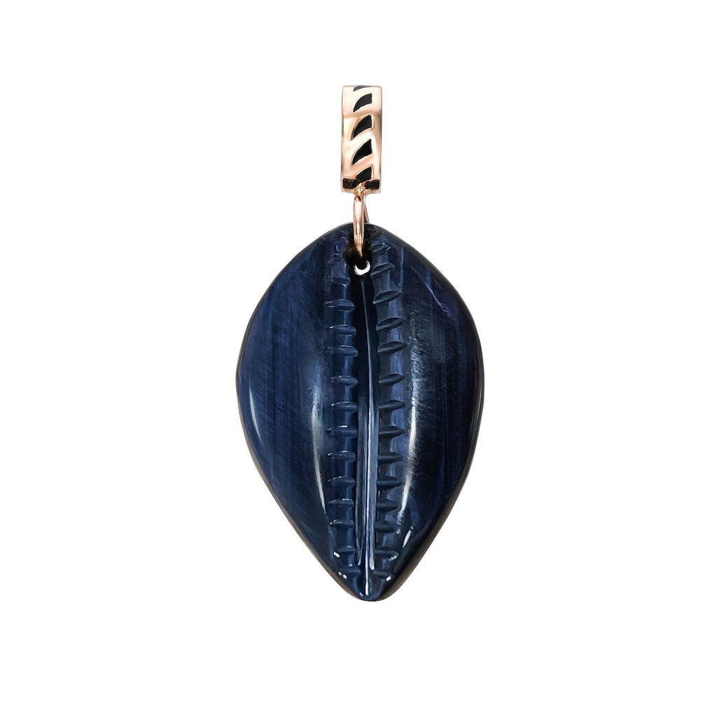 CARVED BLUE TIGER'S EYE COWRY SHELL CHARM, 18k rose gold & black enamel Carved blue tiger's eye cowry shell, Pendant, DEZSO