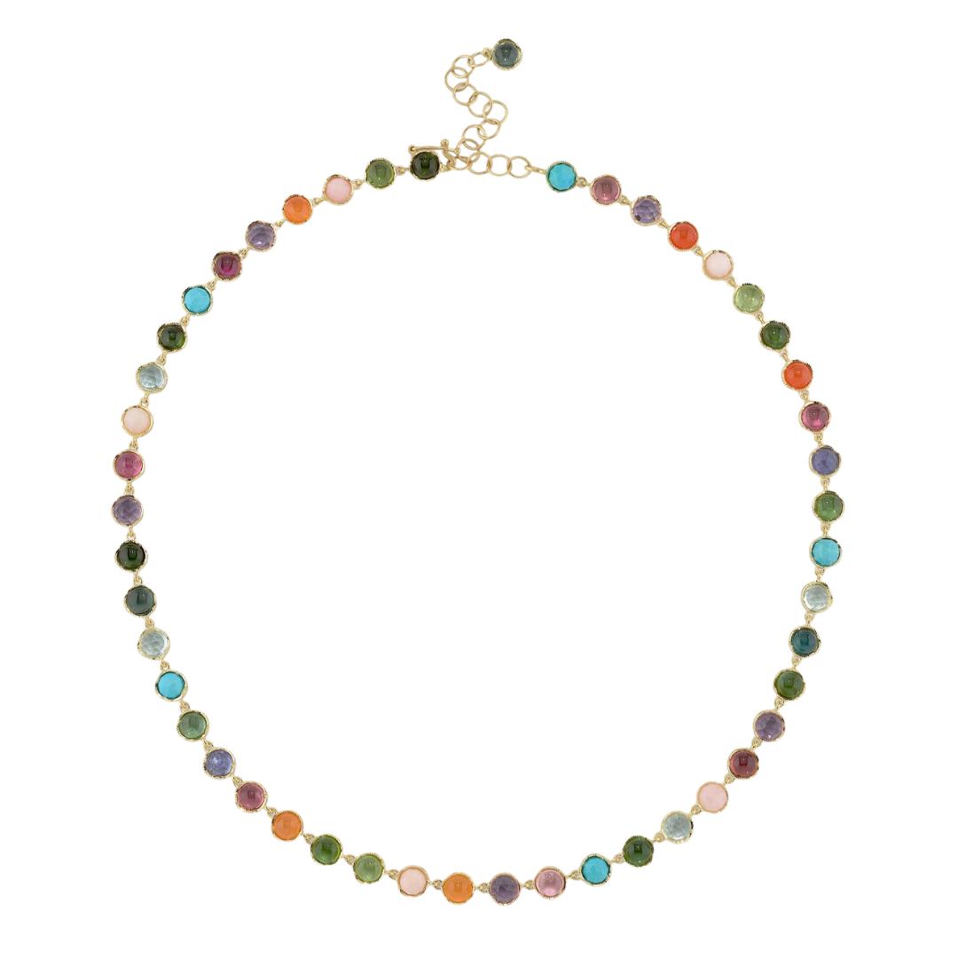 MIXED GEMSTONE NECKLACE, 18k yellow gold 
5mm rose &amp; cabochon cut green tourmaline, pink opal, carnelian, amethyst, tanzanite, indicolite, pink tourmaline, turquoise, &amp; aquamarine 
16 inches in length 
Made in Los Angeles 
, Necklace, Irene Neuwirth
