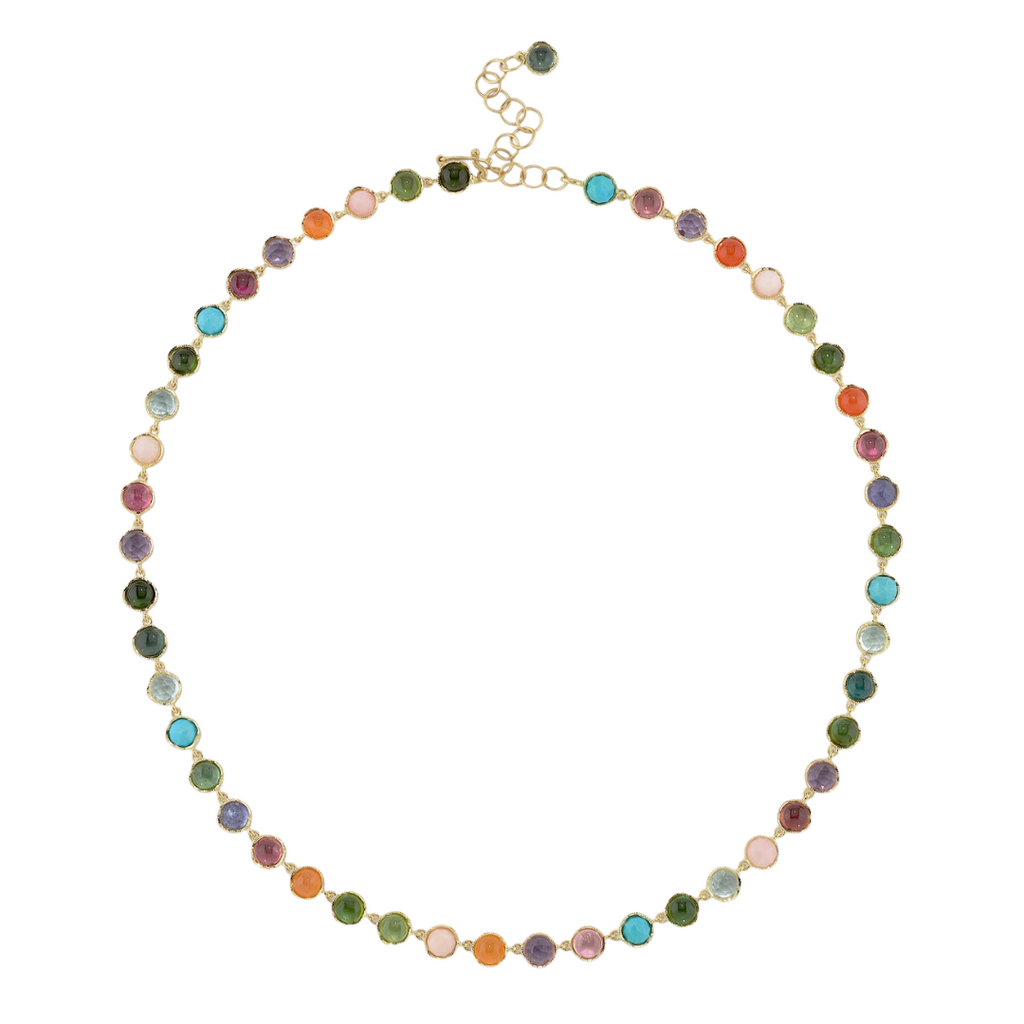 MIXED GEMSTONE NECKLACE, 18k yellow gold 5mm rose & cabochon cut green tourmaline, pink opal, carnelian, amethyst, tanzanite, indicolite, pink tourmaline, turquoise, & aquamarine 16 inches in length Made in Los Angeles, Necklace, Irene Neuwirth