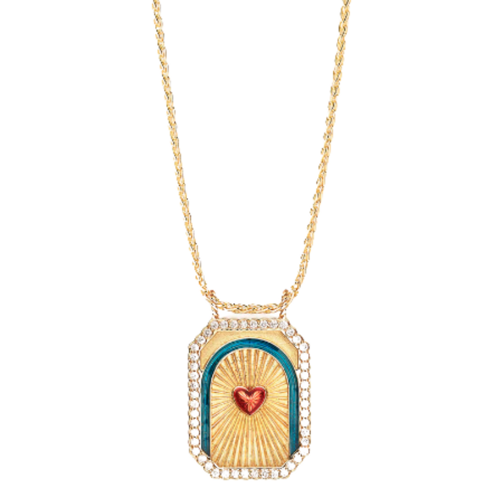 HEART MINI SCAPULAR, Yellow gold mini scapular, set with white diamonds, with a red enameled heart and a blue enameled arch.This scapular is sold on a 38cm yellow gold chain. 18K yellow goldGold weight : approx. 5grs 48 Diamonds, 0.28ct Dimensions :Height