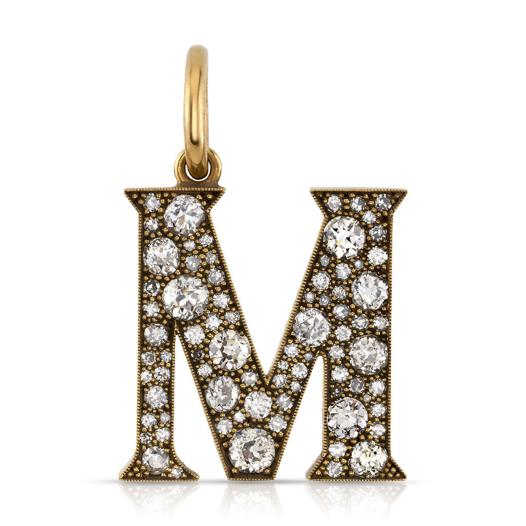 SINGLE STONE LARGE COBBLESTONE LETTERS PENDANT featuring Approximately 0.95ctw-2.75ctw varying old cut and round brilliant cut diamonds set in a handcrafted 18K yellow gold letter pendant. Letters are approximately 1" tall. Available in an oxidized or pol