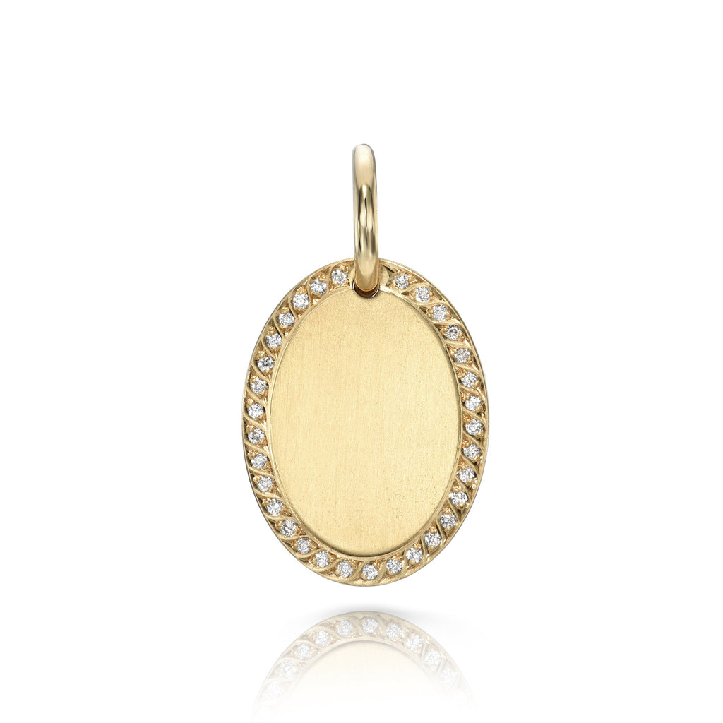 SINGLE STONE 20mm PAVE FRAMED OVAL PENDANT PENDANT featuring Handcrafted 20mm 18K yellow gold oval shaped pendant with approximately 0.10ctw Old European cut accent diamonds. Price does not include chain.