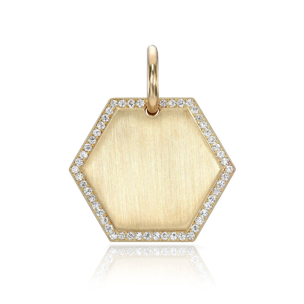 SINGLE STONE 25MM HEXAGON DISC PENDANT featuring Handcrafted 25mm 18K yellow gold engravable hexagon disc with approximately 0.35ctw G-H/VS old European cut pave frame set diamonds. Price includes monogrammed engraving of up to three letters in any of the