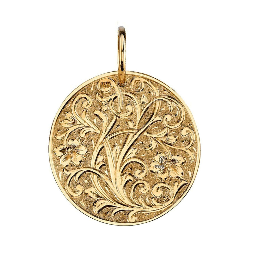 SINGLE STONE FLORAL ENGRAVED ROUND DISC PENDANT featuring Handcrafted 18K yellow gold engravable round pendant with engraved floral design. Price includes monogrammed engraving of up to three letters in any of the styles shown above - please be sure to sp