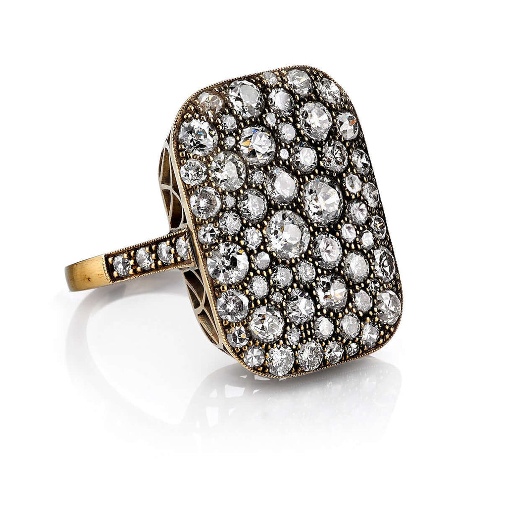 SINGLE STONE RECTANGULAR COBBLESTONE RING RING featuring Approximately 4.90ctw various old cut and round brilliant cut diamonds set in a handcrafted, oxidized 18K yellow gold mounting. Price may vary according to total diamond weight. Measurements 22mm x