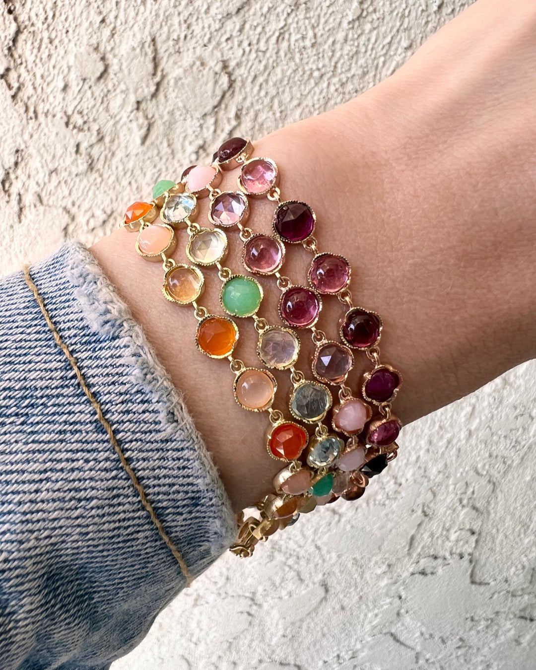 MIXED GEMSTONE BRACELETS - GREEN, 18k yellow gold 
5mm rose cut chrysoprase, prehnite, aquamarine, &amp; rainbow moonstone 
Made in Los Angeles 
, BRACELETS, Irene Neuwirth
