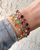 MIXED GEMSTONE BRACELETS - GREEN, 18k yellow gold 
5mm rose cut chrysoprase, prehnite, aquamarine, &amp; rainbow moonstone 
Made in Los Angeles 
, BRACELETS, Irene Neuwirth
