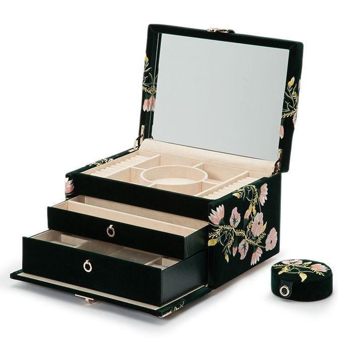 LARGE ZOE JEWELRY CASE, Forest green velvet 
20 compartments: 18 ring rolls, 12 necklace storage, 5 bracelet compartments, 6 bracelet/watch cuffs, and removable mini travel piece 
LusterLoc™:, Jewelry Case, Wolf