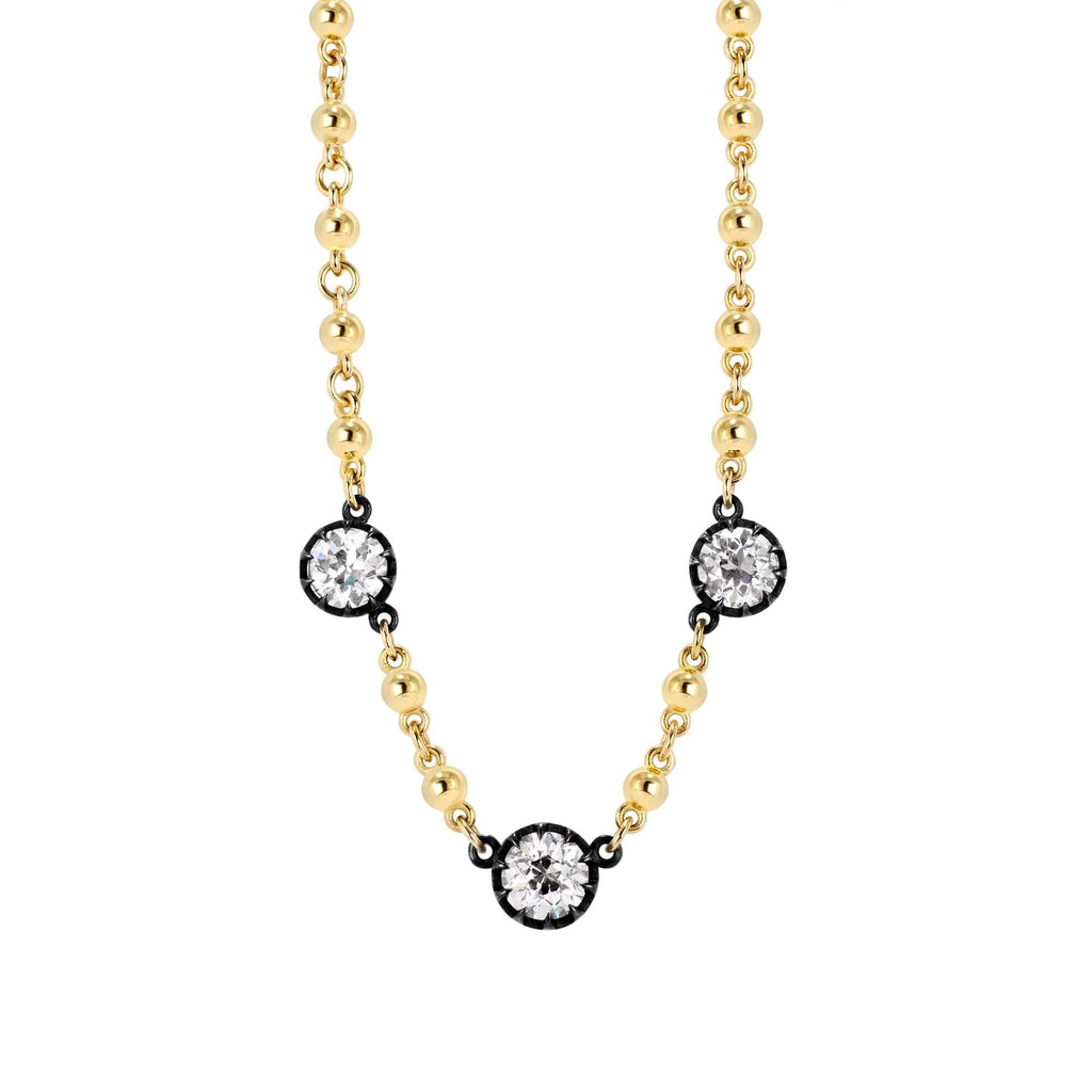 SINGLE STONE THREE STONE ROSALINA NECKLACE featuring 2.97ctw K-L/VS1-I1 GIA certified old European cut diamonds prong set on a handcrafted 18K yellow gold and oxidized sterling silver necklace. Necklace measures 17.75".
