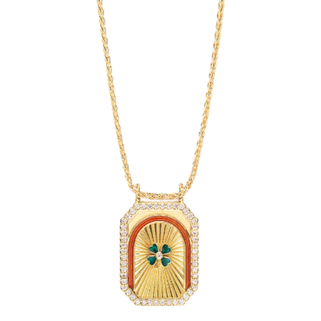 CLOVER MINI SCAPULAR, Yellow gold mini scapular, set with white diamonds, with a green enameled clover and an orange enameled arch.This scapular is sold on a 38cm yellow gold chain. 18K yellow goldGold weight : approx. 5grs 49 Diamonds, 0.29ct Dimensions