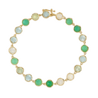 MIXED GEMSTONE BRACELETS - GREEN, 18k yellow gold 
5mm rose cut chrysoprase, prehnite, aquamarine, &amp; rainbow moonstone 
Made in Los Angeles 
, BRACELETS, Irene Neuwirth