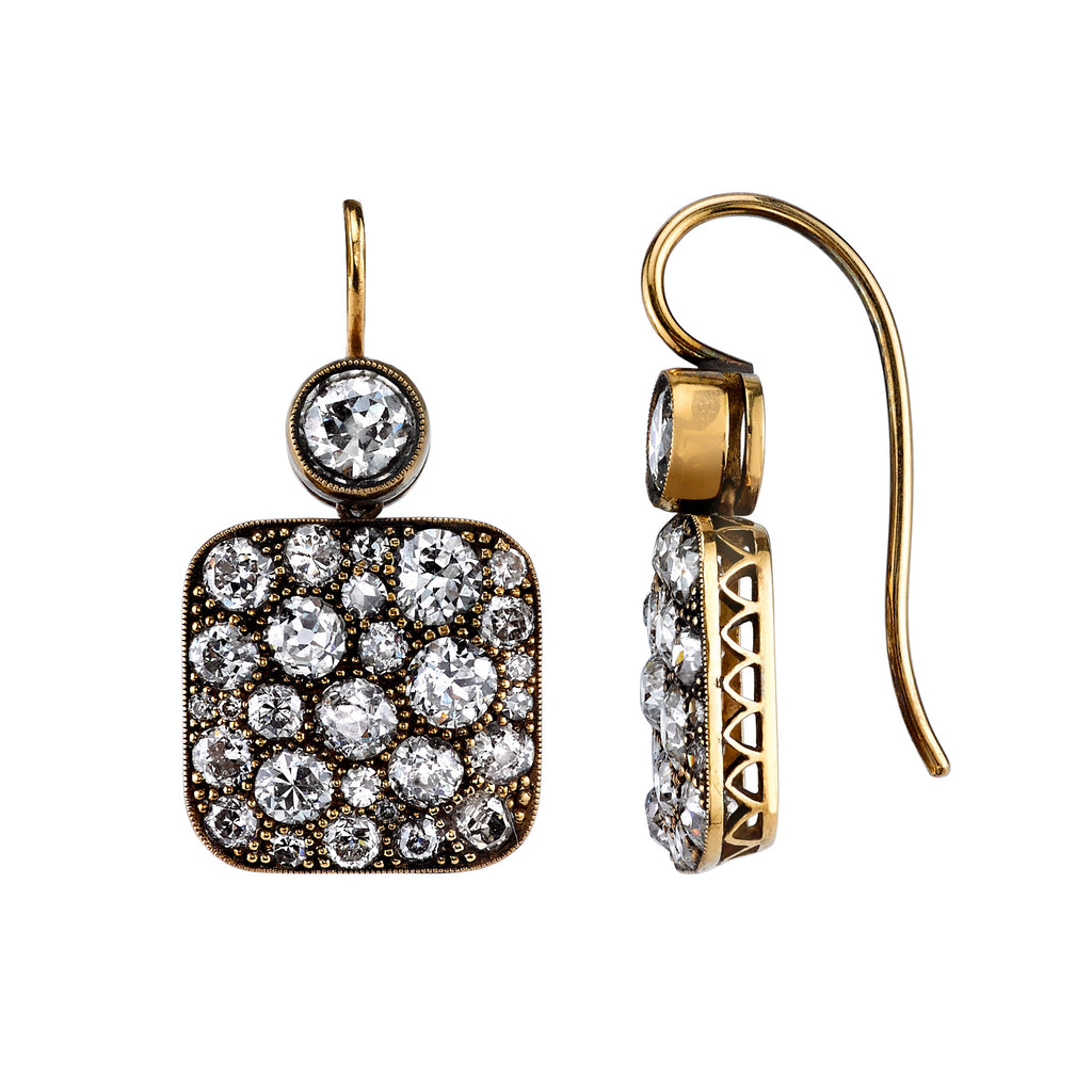 SINGLE STONE LARGE COBBLESTONE DOUBLE DROP EARRINGS | Earrings featuring Approximately 3.70-3.90ctw various old cut and round brilliant cut diamonds set in set in handcrafted oxidized 18K yellow gold mountings. Price may vary according to total diamond we