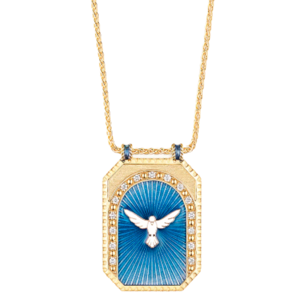 PEACE SCAPULAR, Grand yellow gold scapular, set with white diamonds, adorned with an enameled dove and blue enamel.This scapular is sold on a 51cm yellow gold chain. 18K yellow gold Gold weight : approx. 12grs 26 Diamonds - 0.41ct Dimensions : Height : 34