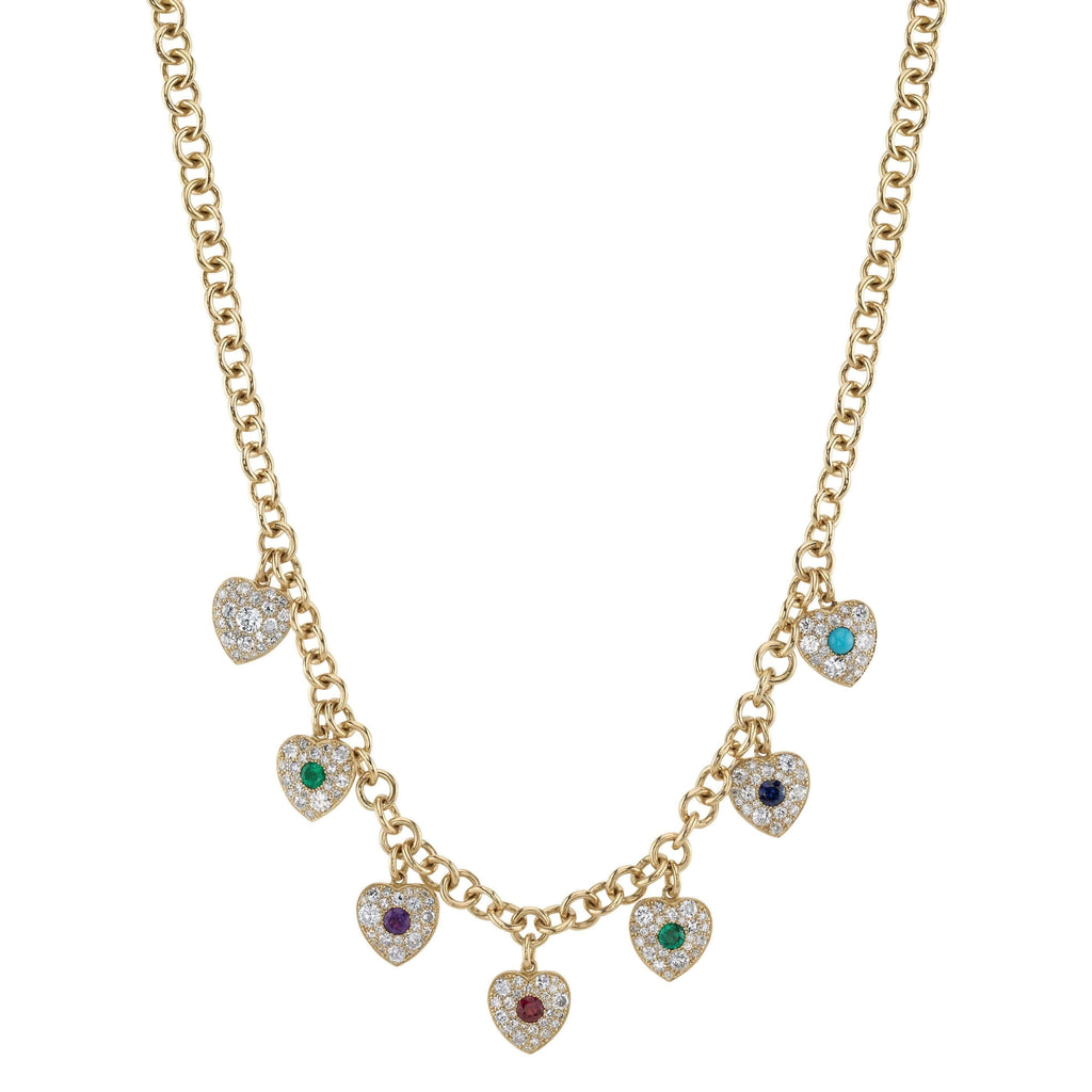 SINGLE STONE DEAREST NECKLACE featuring This colorful Victorian inspired charm necklace showcases a gallery of gemstones holding a hidden term of endearment. Within each heart, various gemstones are arranged in order (diamond, emerald, amethyst, ruby, eme