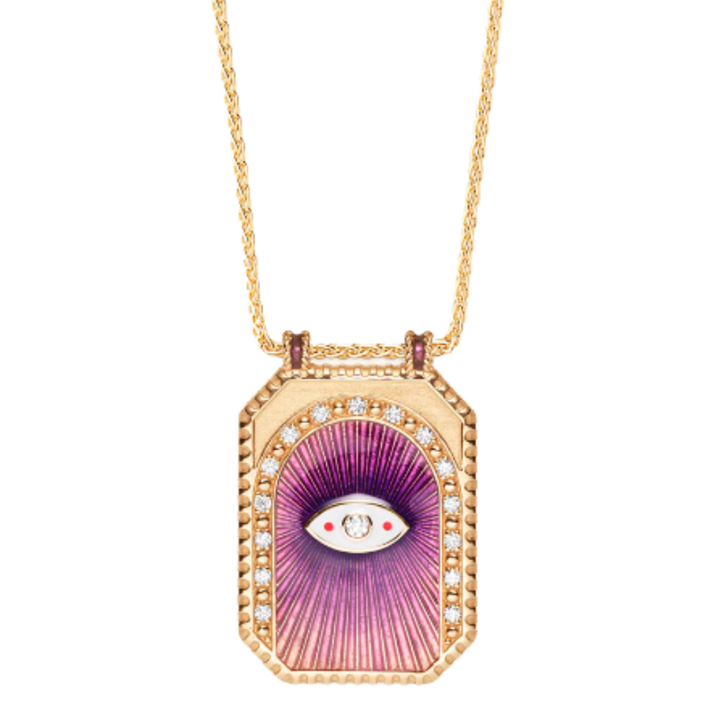 EYE PROTECT PURPLE SCAPULAR, Grand yellow gold scapular, set with white diamonds, adorned with an enameled eye and gradient purple enamel.This scapular is sold on a 51cm yellow gold chain. 18K yellow goldGold weight : approx. 12grs 16 Diamonds, 0.33ct Dim